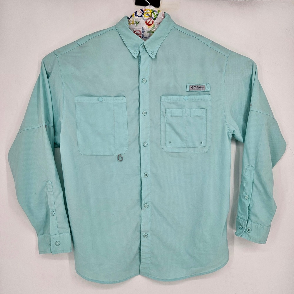 Columbia Shirt Mens Large Long Sleeve Vented Outdoors Omni Shade Teal FLAWS